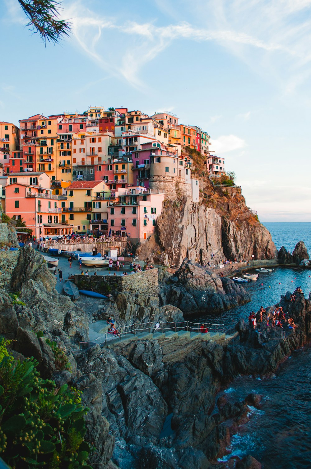 Colourful coastal village overlooking the sparkling Mediterranean Sea