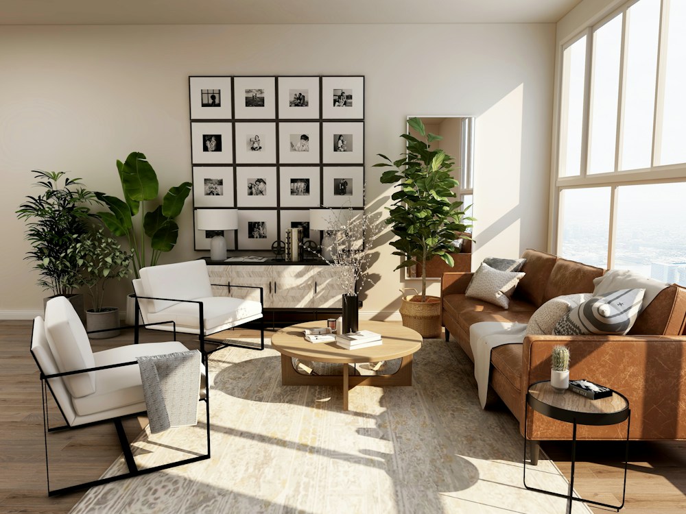 Refined warm interior with tactile materials and natural light